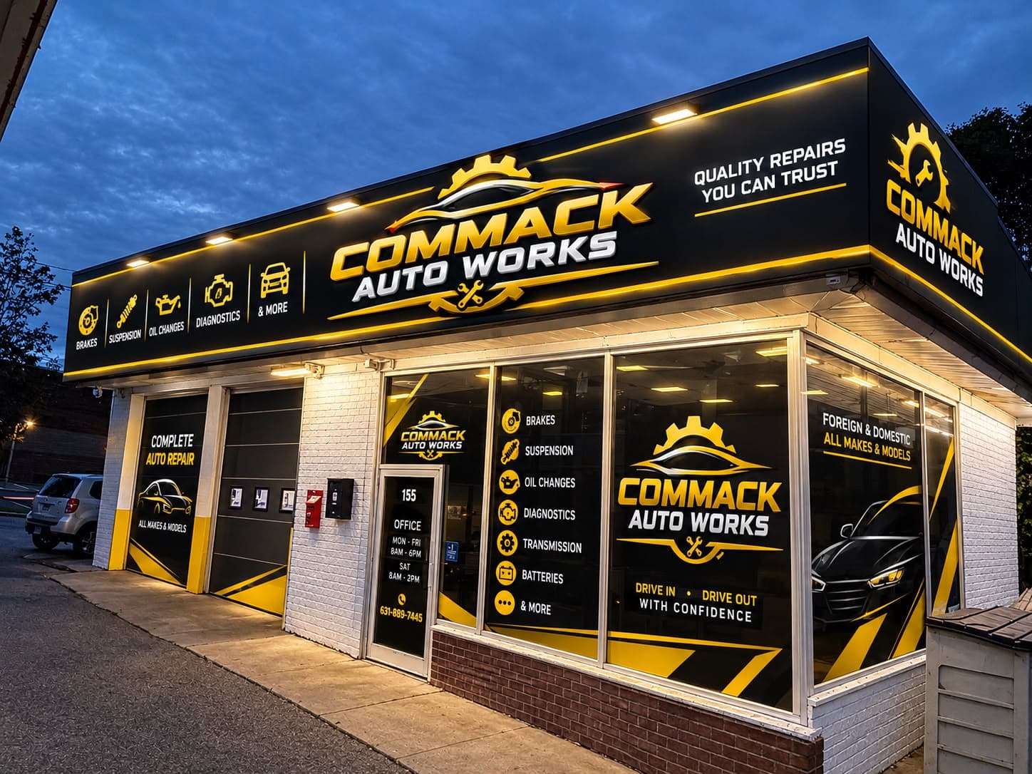 Commack Auto Works storefront at 15 Veterans Memorial Highway, Commack, NY